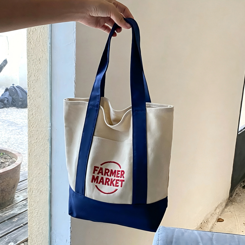 Personalized Embroidered Logo Reusable Mini Canvas Shopping Shoulder Tote Bag with Pocket for Daily Use Sustainable Fashion