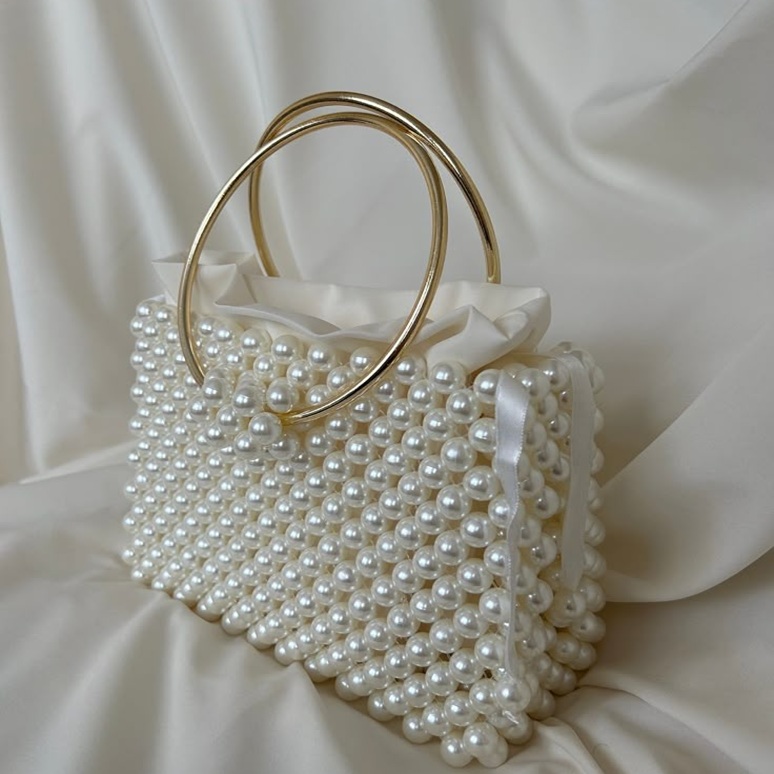 Elegant Pearl Beaded Cotton Luxury Handmade Buddhism Style Handbag for Wedding Party Evening Use and Bridal Collection