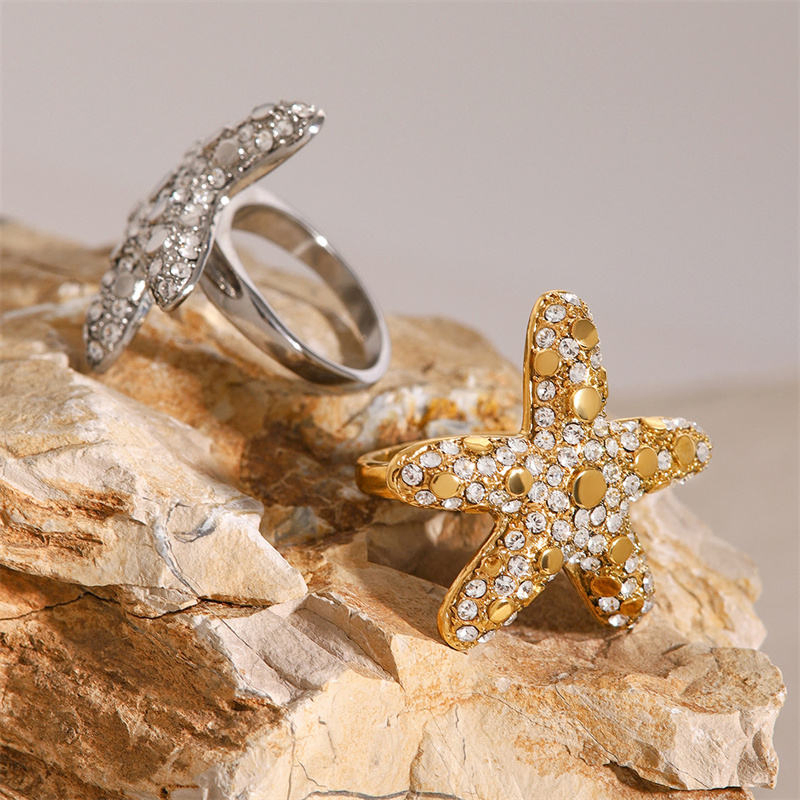 Premium Starfish Diamond Ring Niche Design Fashion Jewelry Stainless Steel Metal Ring Jewelry