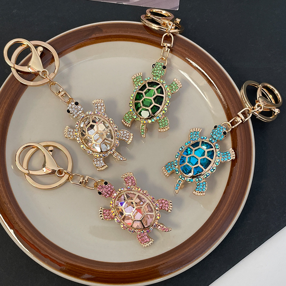 Women's Fashion Colorful Crystal Rhinestone Gold Metal Animal Cute Turtle Car Key Ring Charm Keychain Accessory Creative Gifts