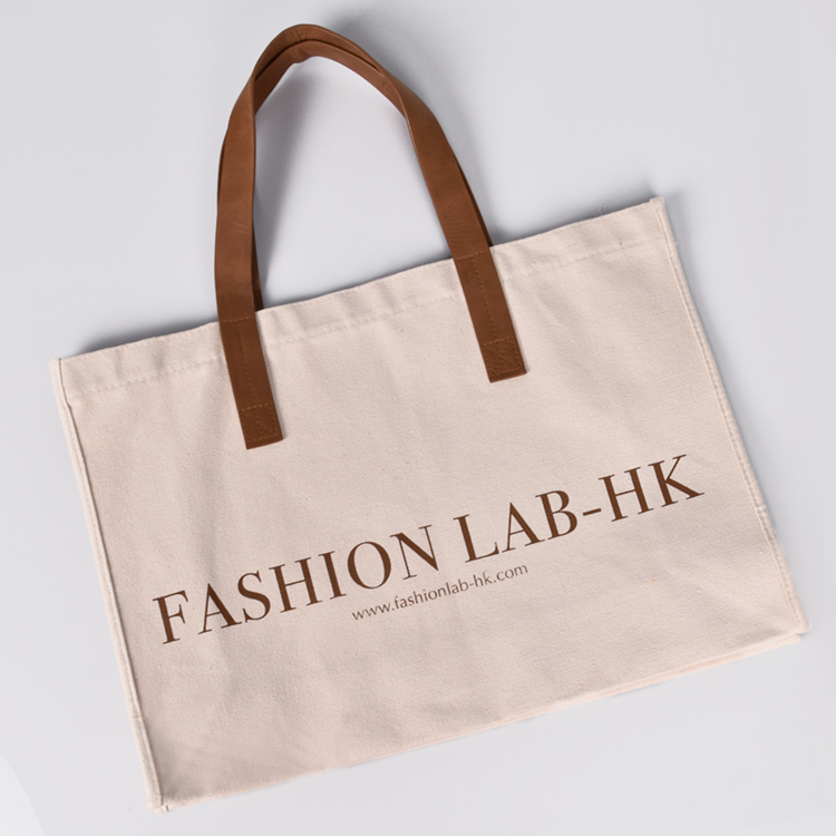 Custom New Fashion Canvas Cotton Shopping Bag Large Canvas Tote Bag With Leather Straps Handle