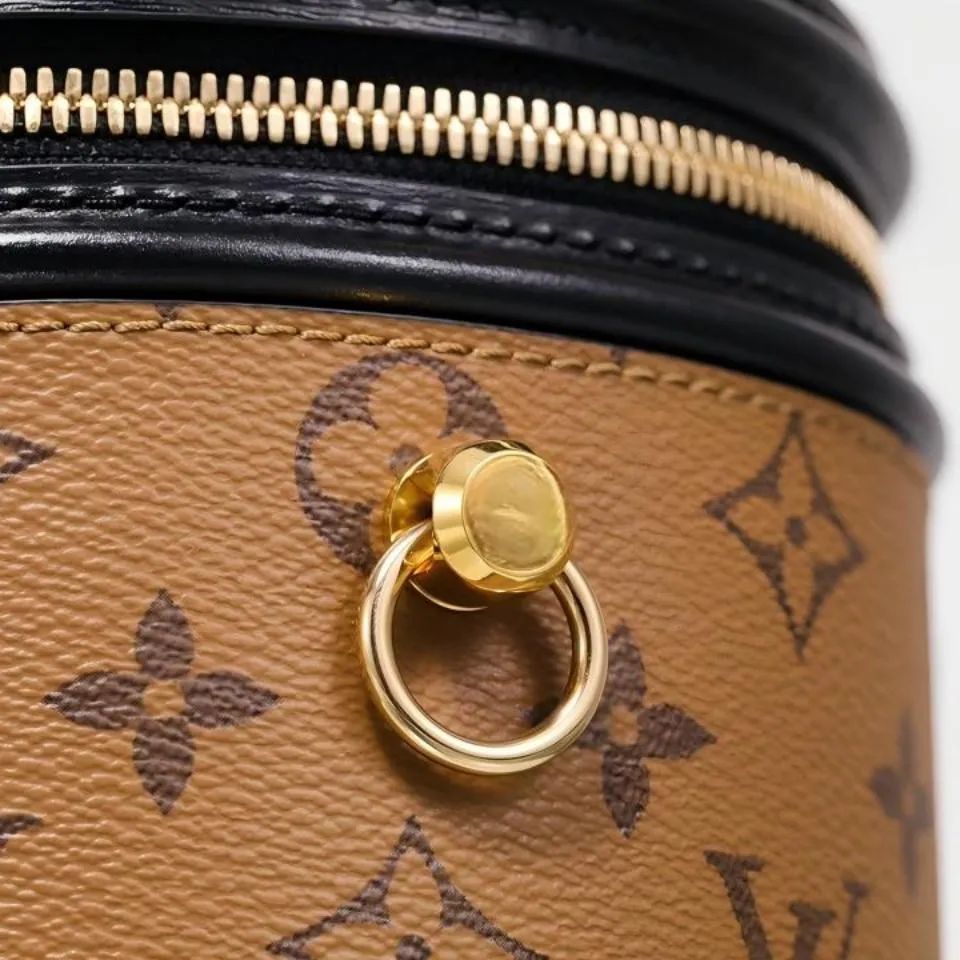 Designer Inspired Brown Monogram Boite Chapeau Bag with Top Handle and Adjustable Shoulder Strap, Luxury Leather Cylinder Purse