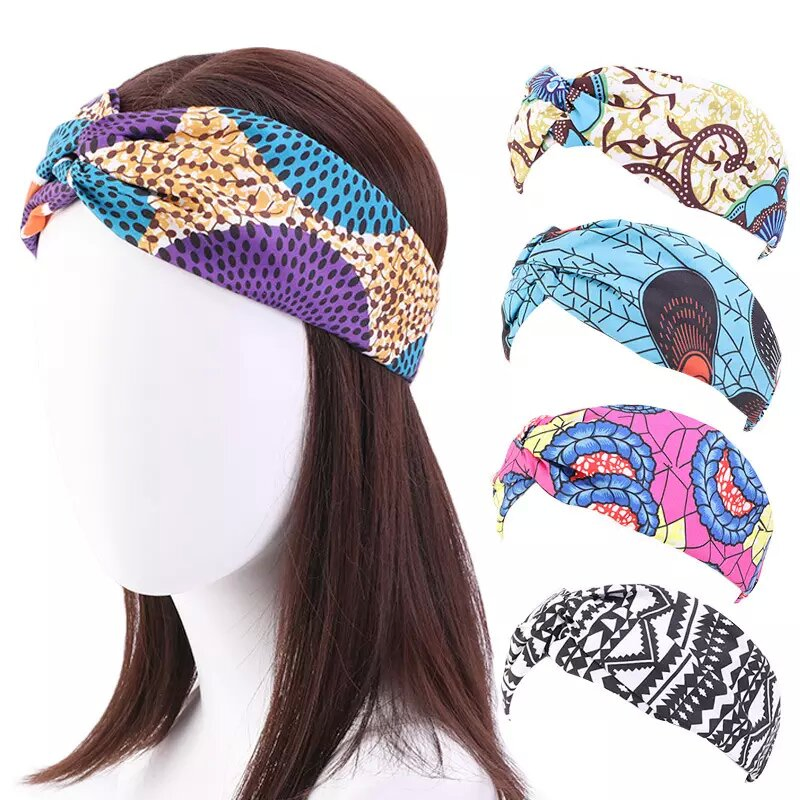 Custom Vintage Pattern Ethnic Wide Hairband Women Headband Elastic Sport Print Hair Accessories
