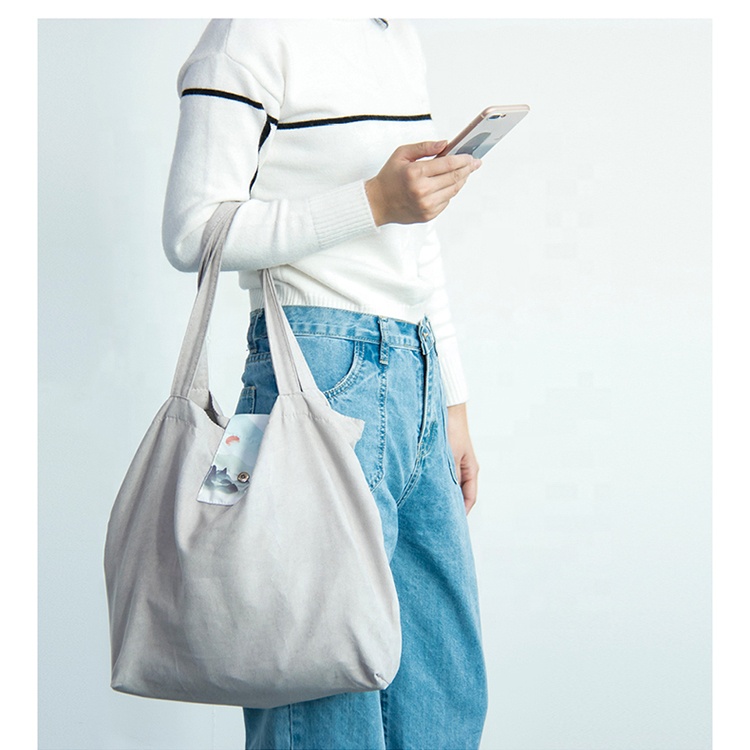Reusable Custom Foldable Eco-friendly Cotton Sling Shopping Tote Bag with Button Custom Color &amp; Logo Fashion Outdoor