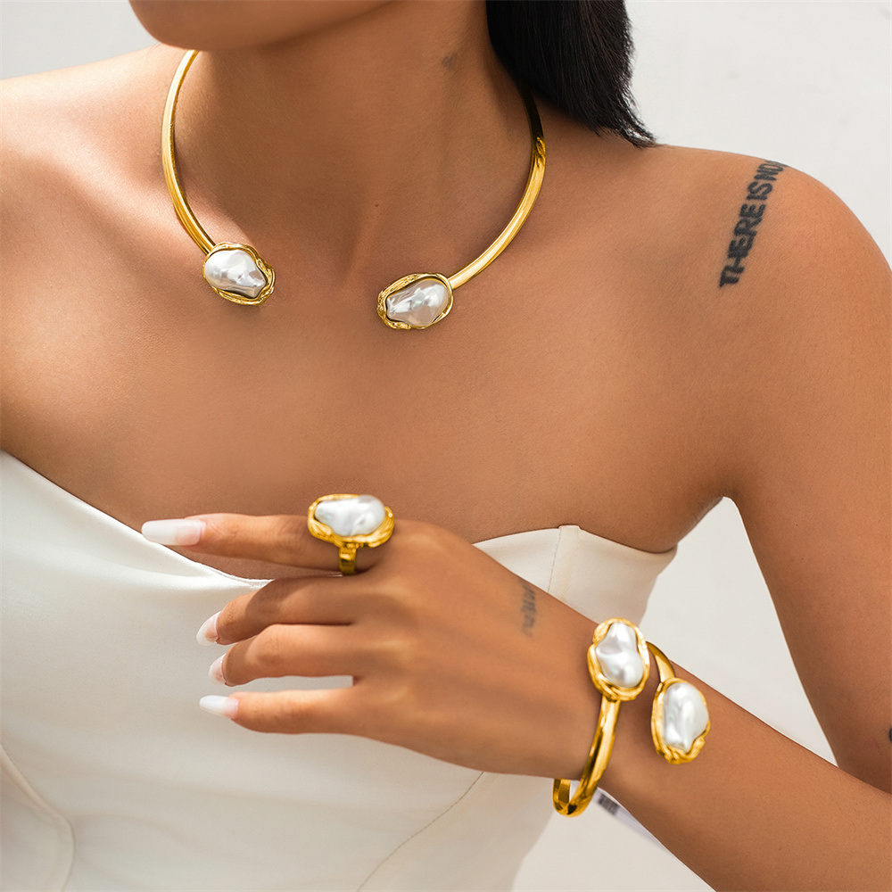 Baroque Irregular Imitated Pearl Necklace Bracelet Ring Set for Women Female Lady Open Collar Cuff Bracelet Accessories Jewelry