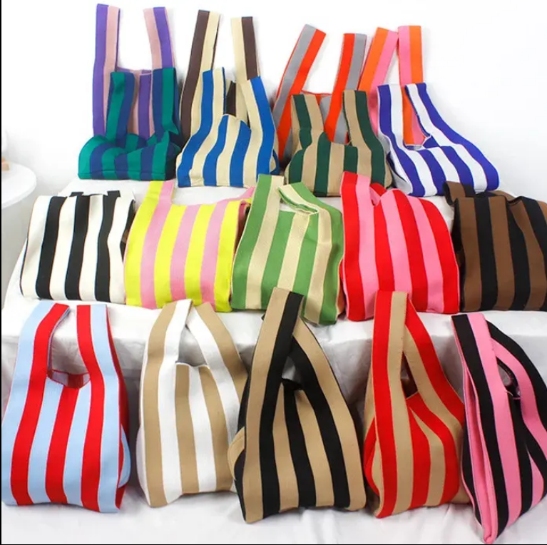Wholesale New Fashion Small Size Handbag Cute Bow Vest Carrying Knit Bag with Plant Pattern Color Striped