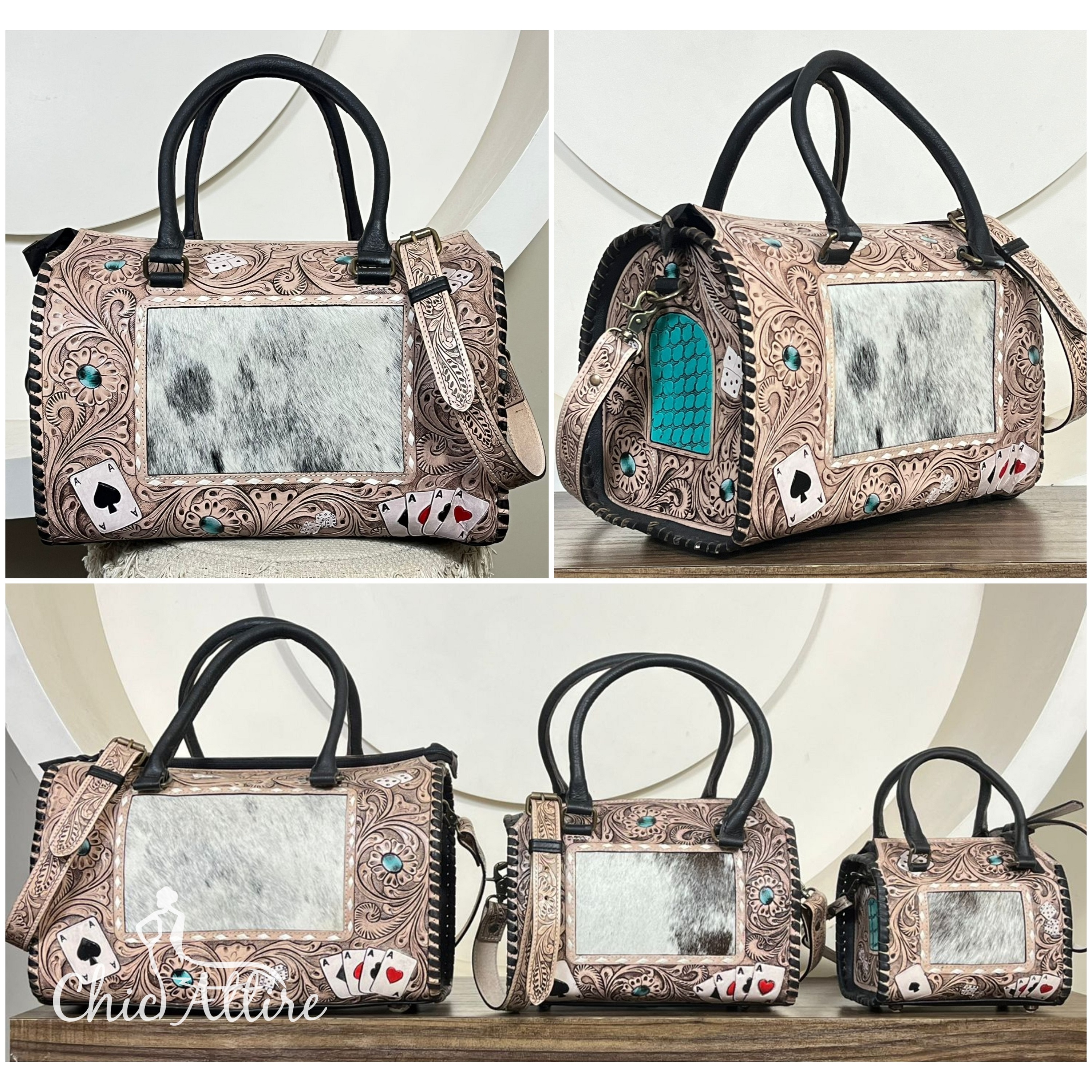 New Western Hand Tooled Leather Large Speedy Bag Set Cowhide Hair On Women's Fashion Handbag Crossbody Custom Travel Duffel Bag