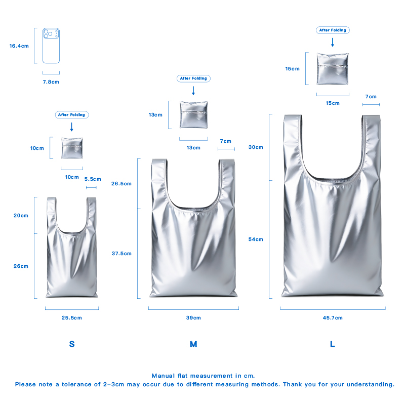 Custom Logo Eco-Friendly Folding Tote Bags Recyclable RPET Polyester Metallic Fabric Heat Transfer Screen-Printed Shopping Bag