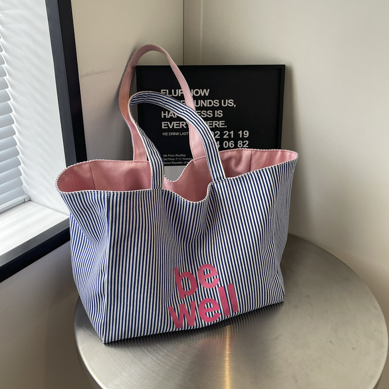 Customized Niche Design Ins Large Capacity Commuting Single Shoulder Female Student Striped Bag Canvas Shopping Bag