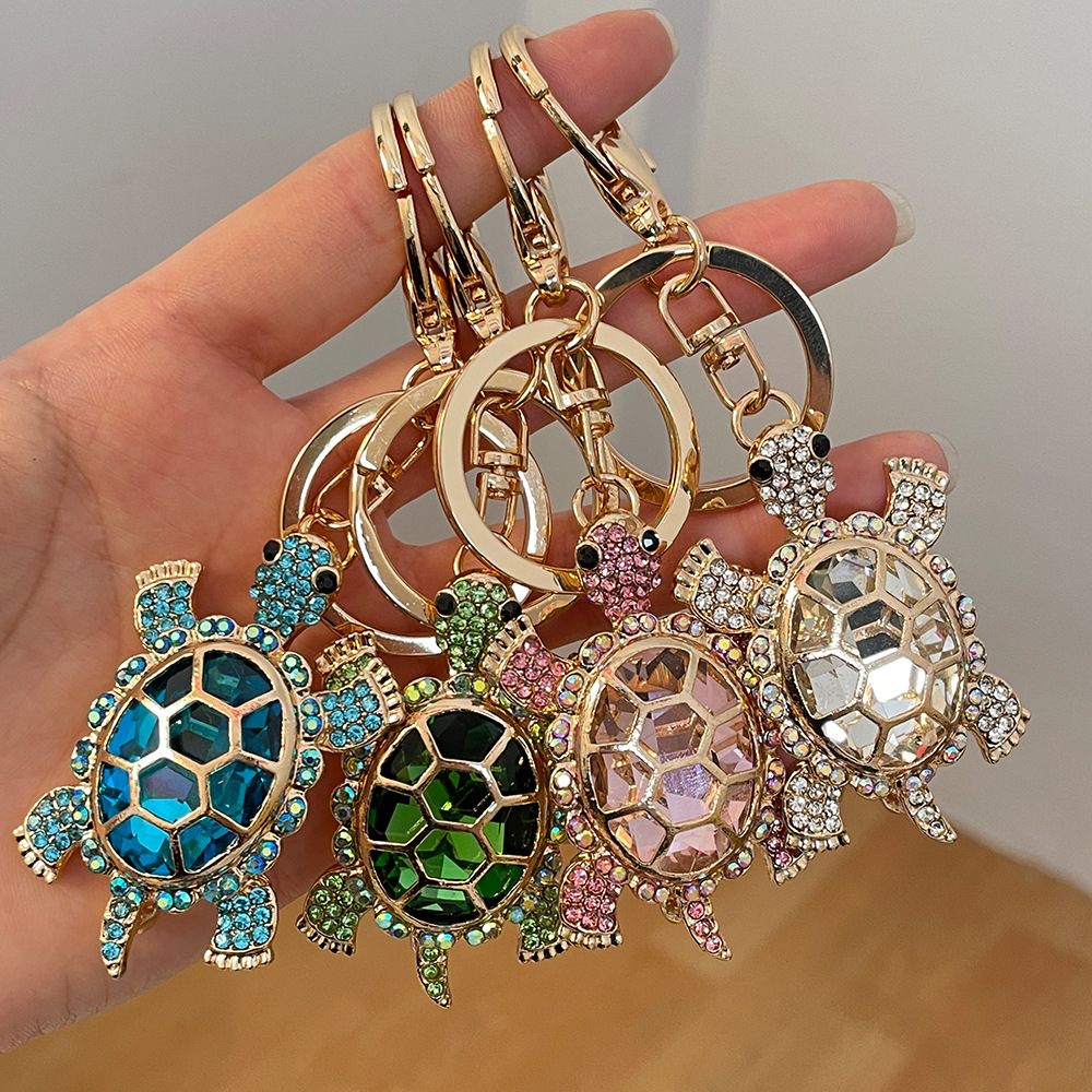 Women's Fashion Colorful Crystal Rhinestone Gold Metal Animal Cute Turtle Car Key Ring Charm Keychain Accessory Creative Gifts