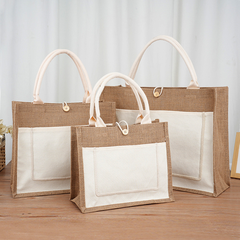 Eco Recyclable Biodegradable Burlap Sustainable Jute Linen Hemp Tote Grocery Beach Bag