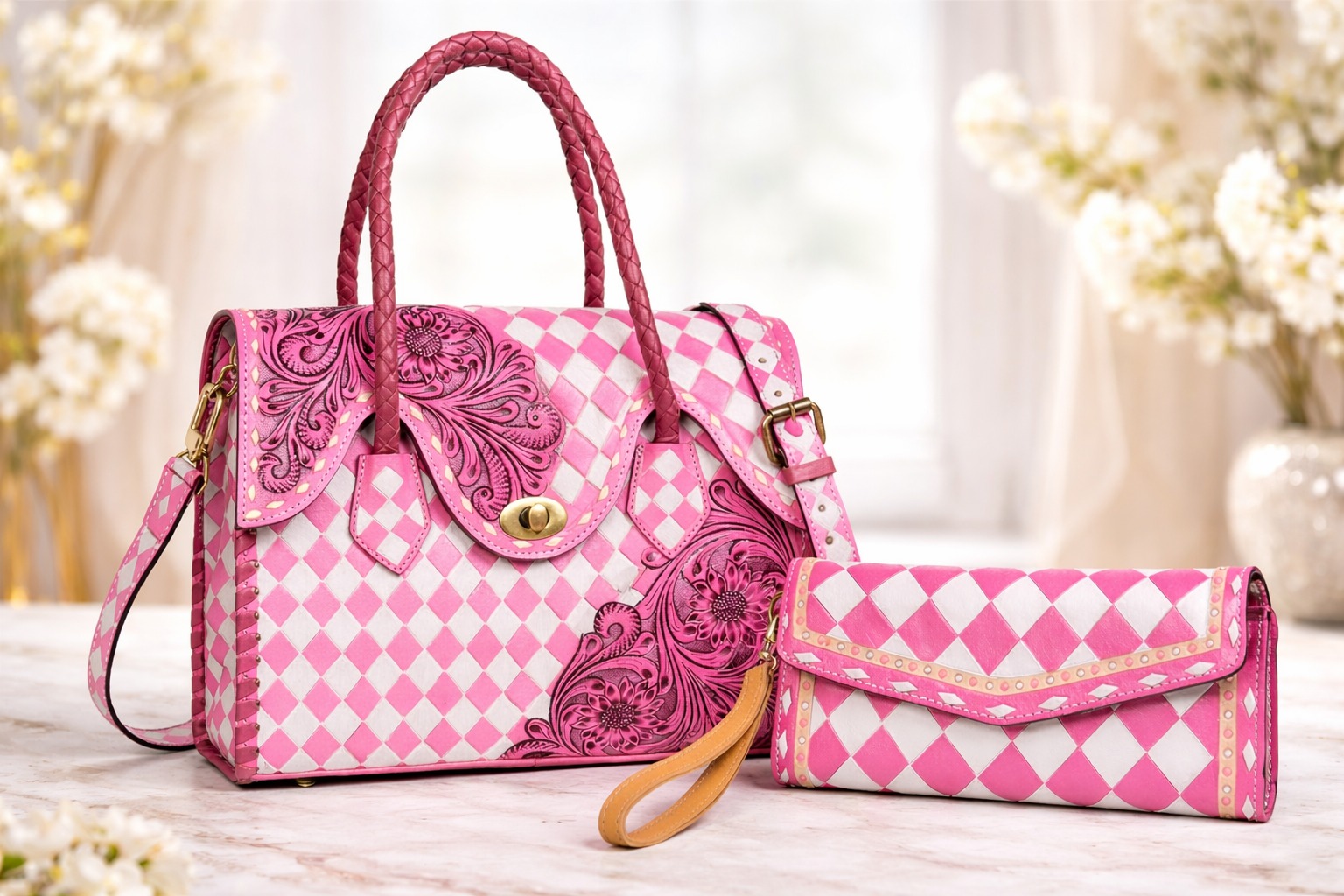2026 Luxury New Pink &amp; White Checkered Leather Tote Bag &amp; Hand Tooled Cow Leather Wristlet Clutch Matching 2-Piece Combo Set