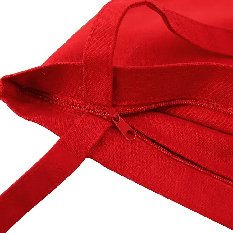 Custom Red Blank Custom Printed Fashion Design Shopping Canvas Tote Bag with Zipper Closure and Custom Logo