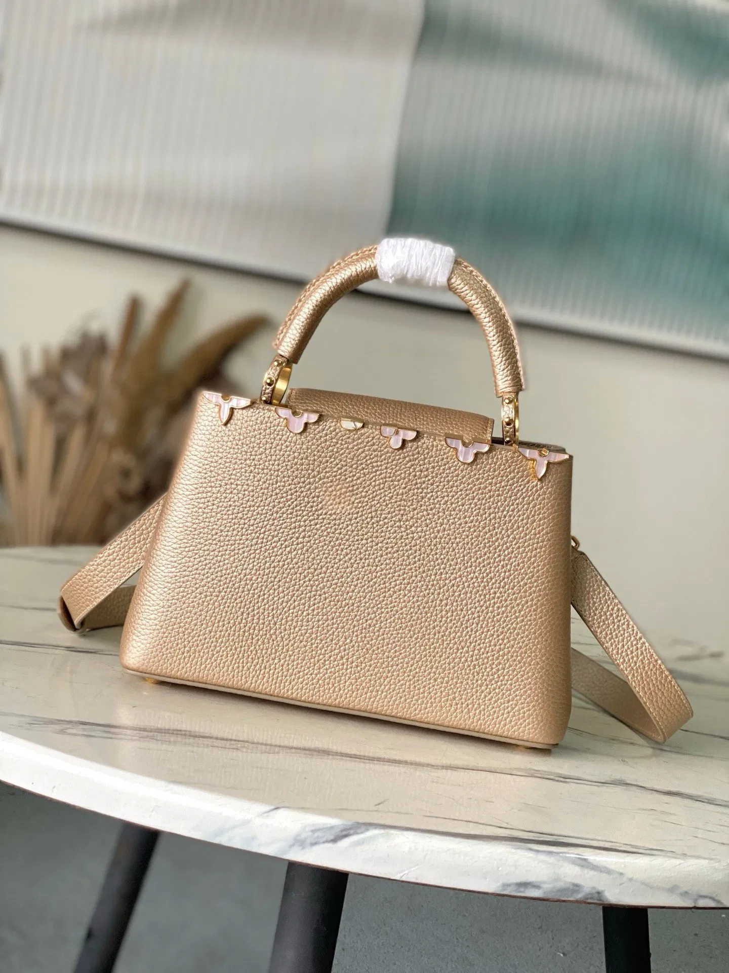 Champagne Gold Grain Leather Satchel Top Handle Crossbody Handbag for Women