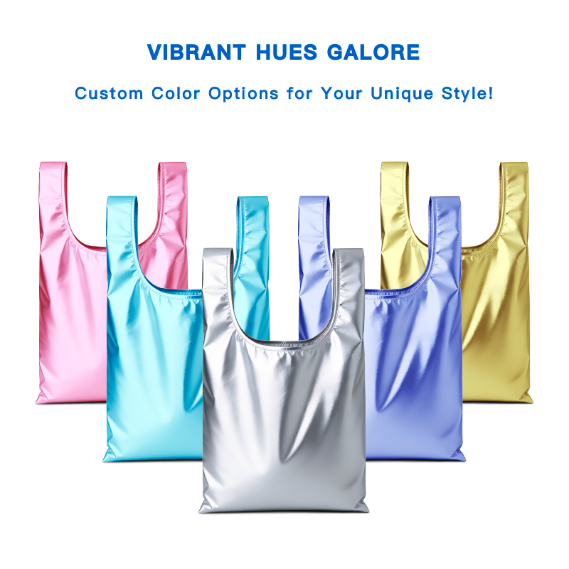 Custom Logo Eco-Friendly Folding Tote Bags Recyclable RPET Polyester Metallic Fabric Heat Transfer Screen-Printed Shopping Bag