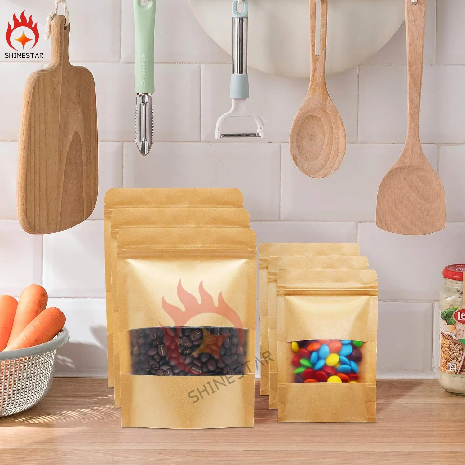 Professional Factory Custom Printed Small Medium Large Size Stand up Pouch Food Packaging Bag Kraft Paper Bag with Transparent Window for Small Business Supplie