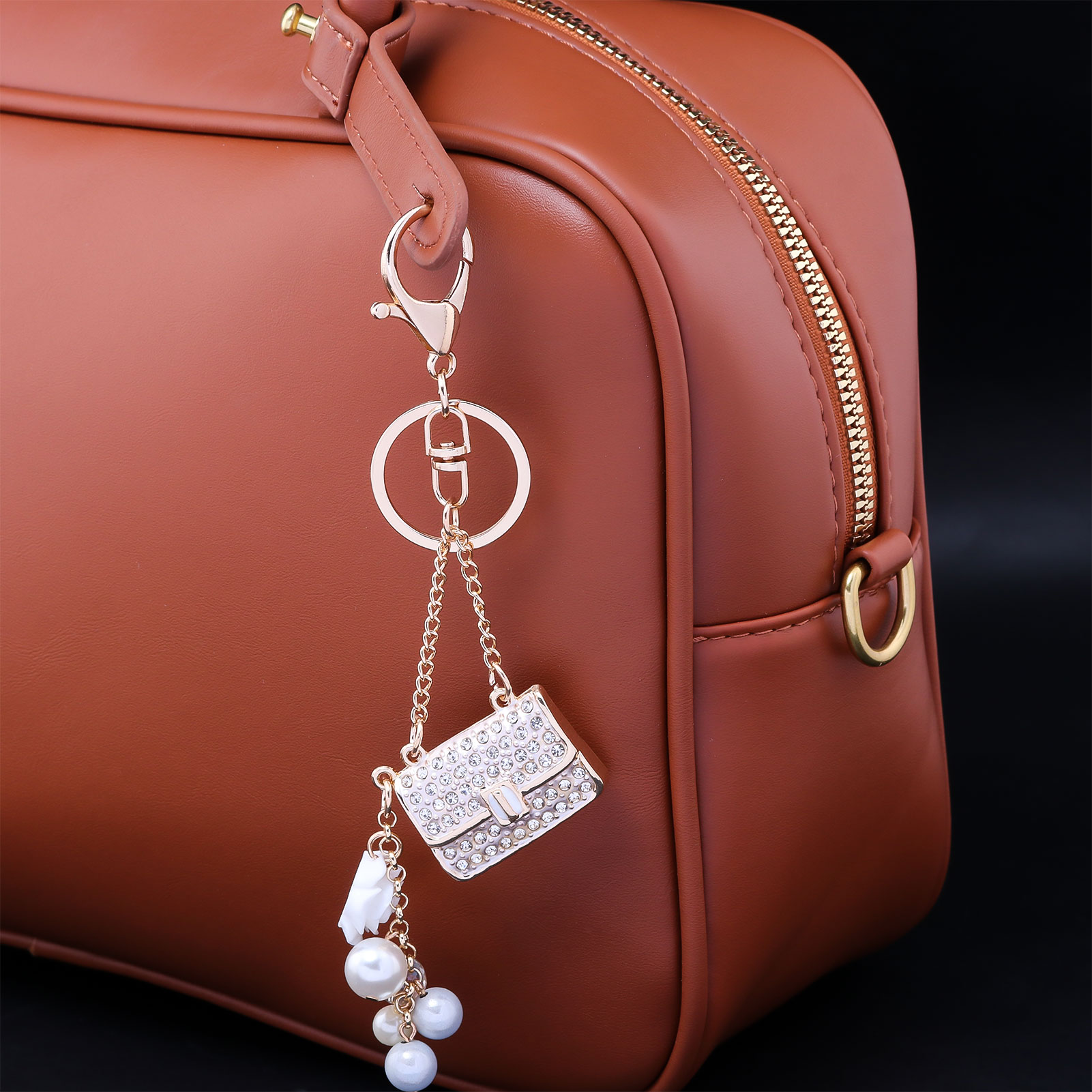 Fashion Crystal Bag Shape Flower Rhinestone Keychain for Women's Bags Pendants Decoration
