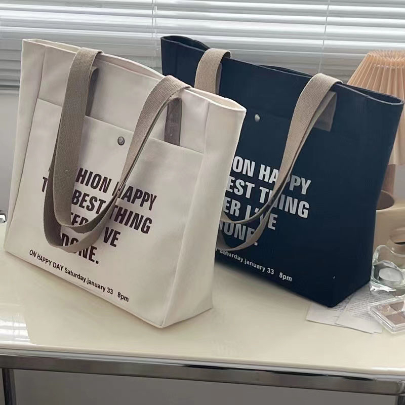Large Capacity Custom logo Letter Printed Canvas Handbag with Pocket Zipper Shopping Bag