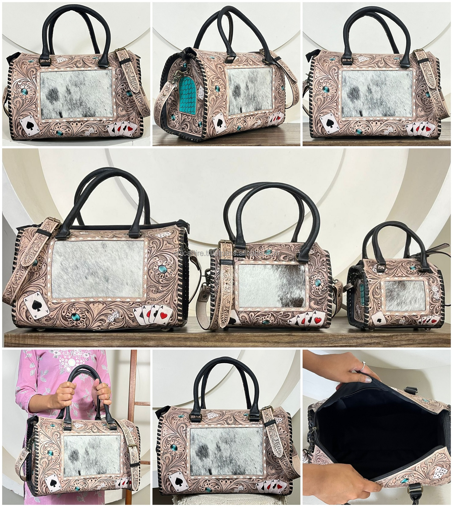 New Western Hand Tooled Leather Large Speedy Bag Set Cowhide Hair On Women's Fashion Handbag Crossbody Custom Travel Duffel Bag