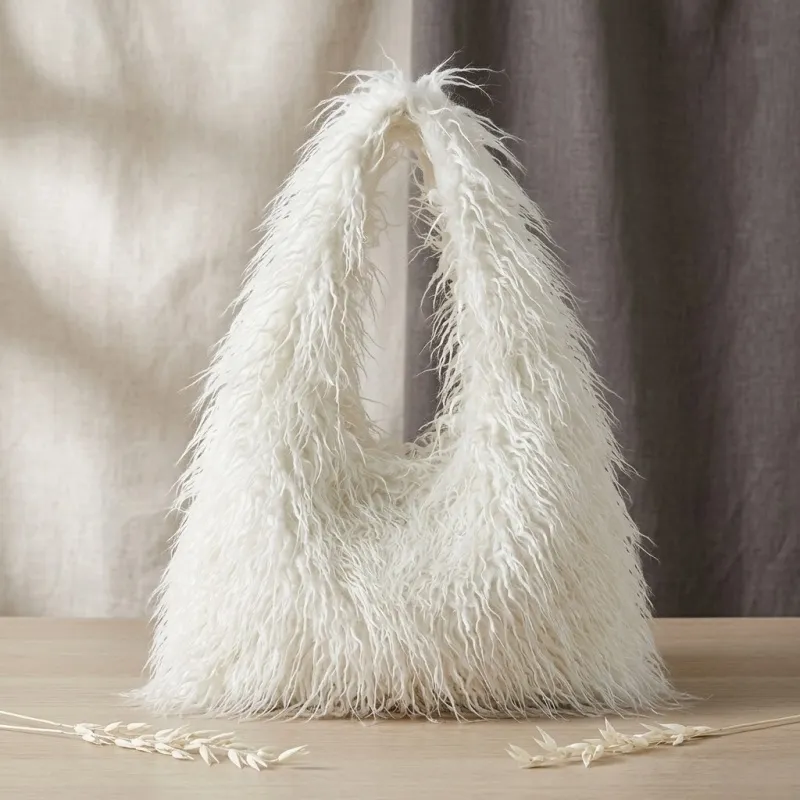 Women Soft Plush Pink Faux Sheep Fur Tote Bag for Winter Use