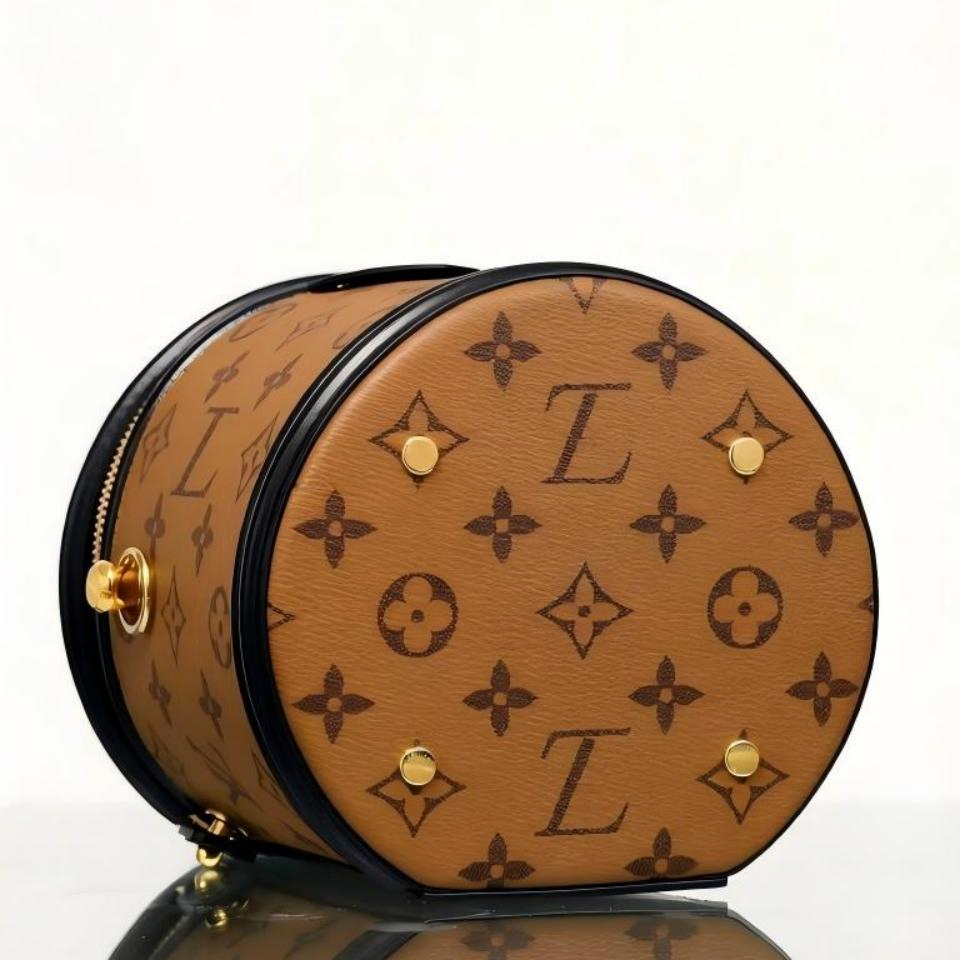 Designer Inspired Brown Monogram Boite Chapeau Bag with Top Handle and Adjustable Shoulder Strap, Luxury Leather Cylinder Purse