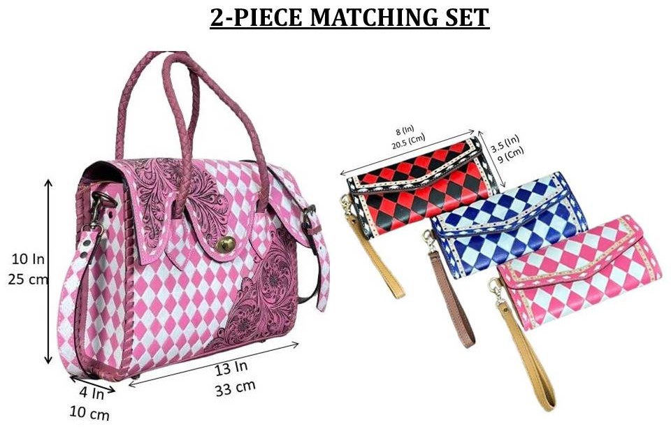 2026 Luxury New Pink &amp; White Checkered Leather Tote Bag &amp; Hand Tooled Cow Leather Wristlet Clutch Matching 2-Piece Combo Set