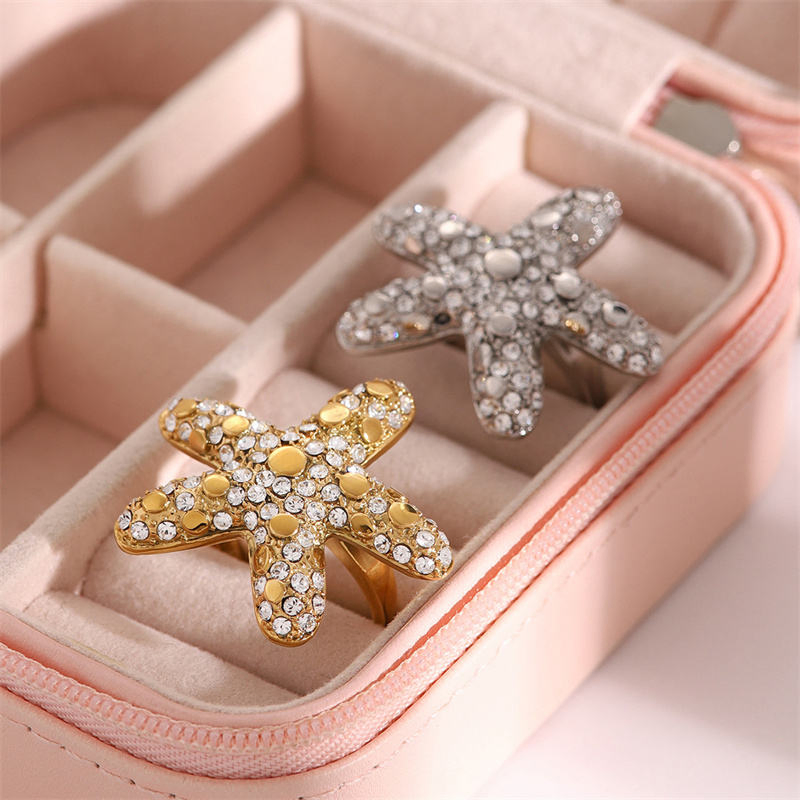 Premium Starfish Diamond Ring Niche Design Fashion Jewelry Stainless Steel Metal Ring Jewelry