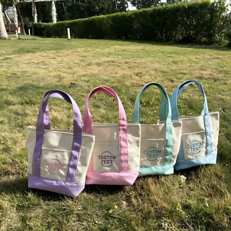 Personalized Embroidered Logo Reusable Mini Canvas Shopping Shoulder Tote Bag with Pocket for Daily Use Sustainable Fashion