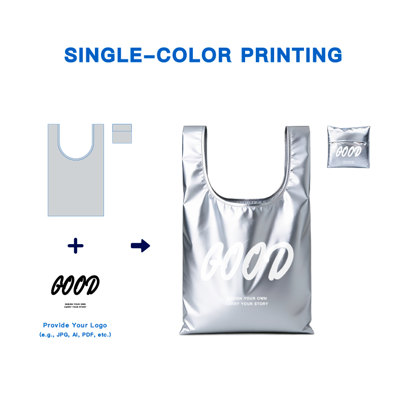 Custom Logo Eco-Friendly Folding Tote Bags Recyclable RPET Polyester Metallic Fabric Heat Transfer Screen-Printed Shopping Bag