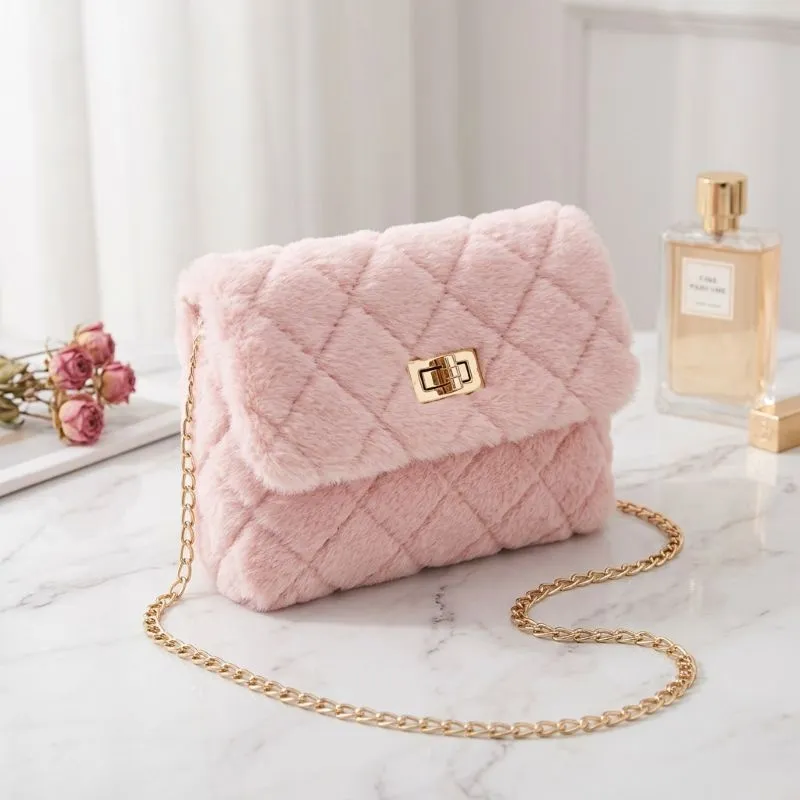 Women Soft Plush Pink Faux Sheep Fur Tote Bag for Winter Use