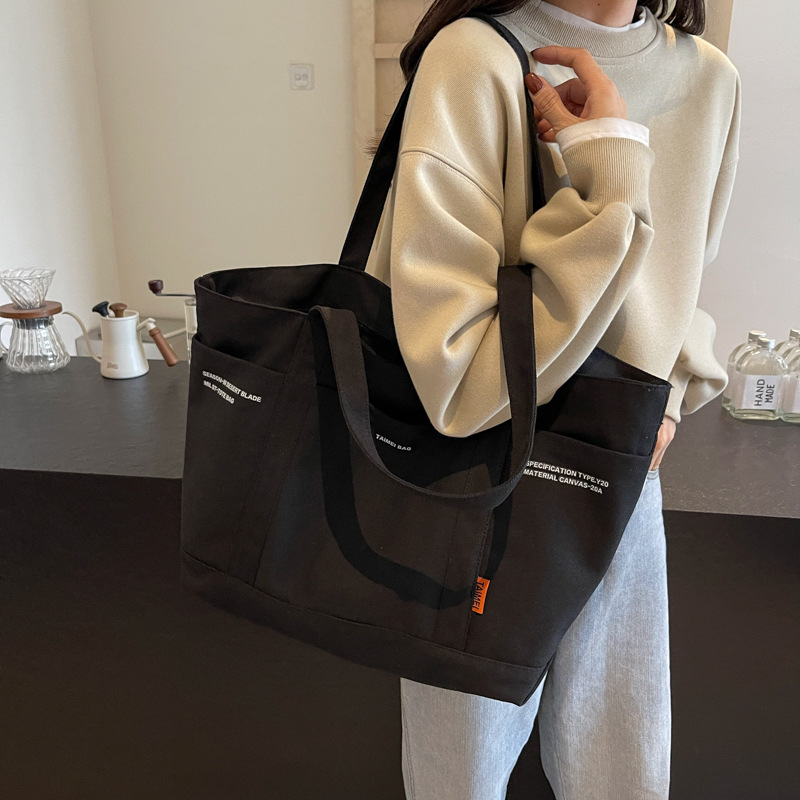 New Style Fashion Custom Letter Canvas Bags Women Shoulder Cotton Canvas Tote Bag with Pocket for Class and Work
