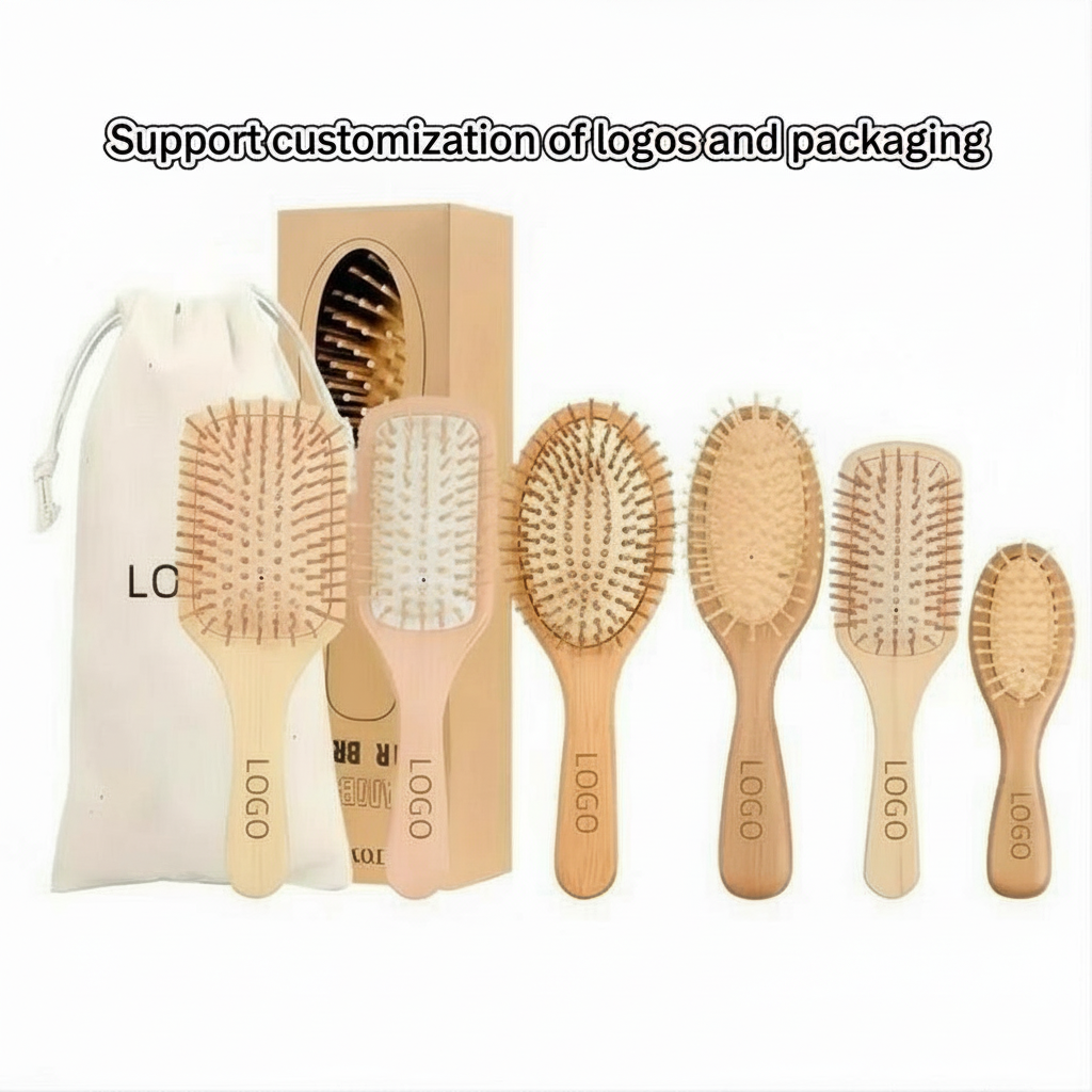 Custom Logo Bamboo Paddle Hair Brush Set Biodegradable Wooden Detangling Scalp Massage Hairbrush Bamboo Paddle Hair Brush