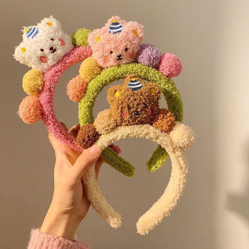 New Autumn Winter Elastic Cartoon Cute Bear Hairbands High Quality Fluffy Colorful Wash Face Hair Accessories Ladies Headband
