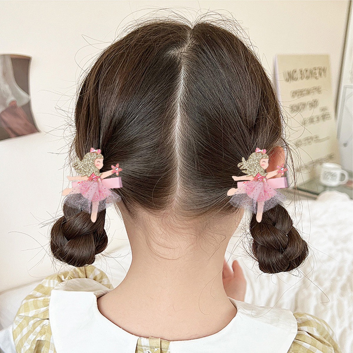 2pcs Korean Cartoon Princess Crown Hair Clips Rhinestone Glitter Ballet Girl Hair Pins Fabric Hair Accessories for Kids Jewelry