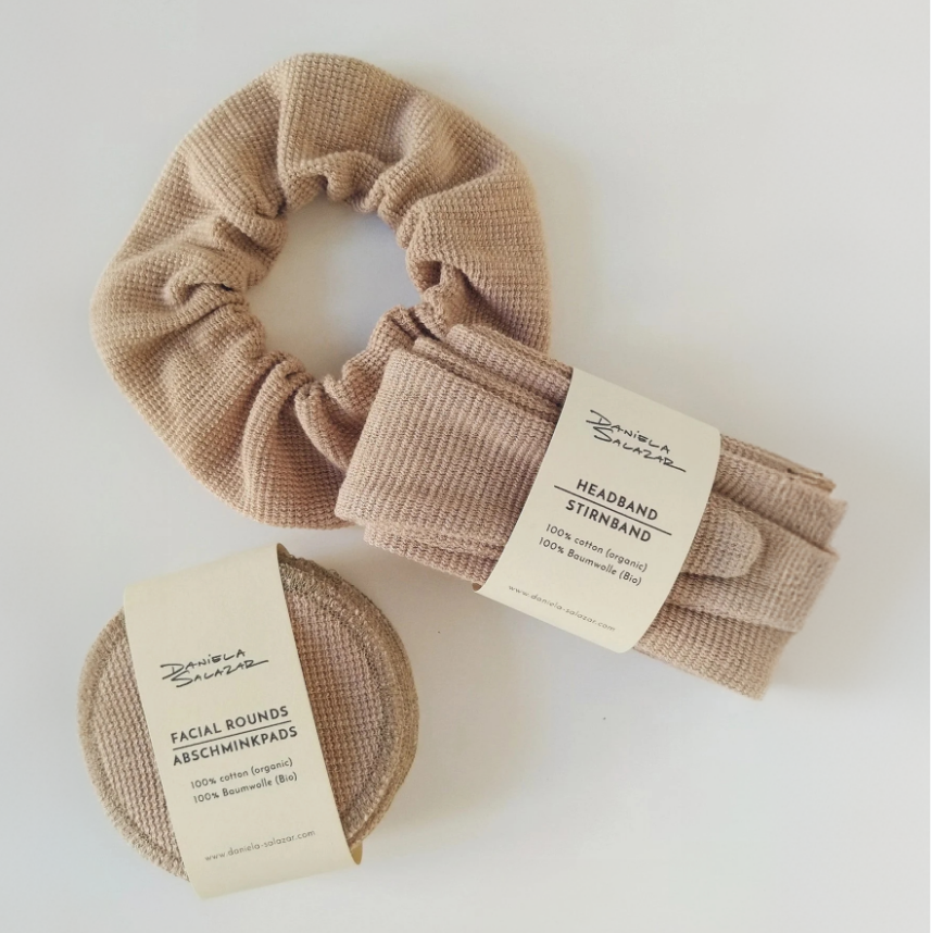 CustomLogo High Quality Reusable 100% Organic Cotton Hypoallergenic Comfortable Facial Cleansing Pad Headband Hair Scrunchie Set