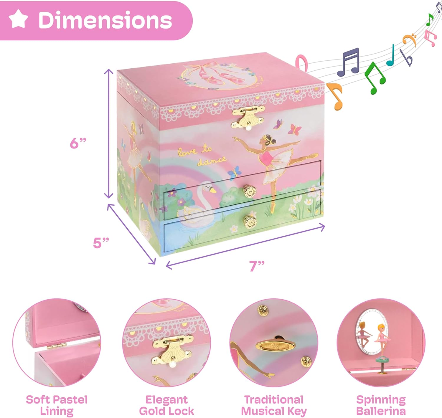 Jakos Manufacturer Ballet Style Girls' Jewelry Box with Spinning Ballerina Swan Lake Music 2 Drawers Pink 7x5x6 Inches