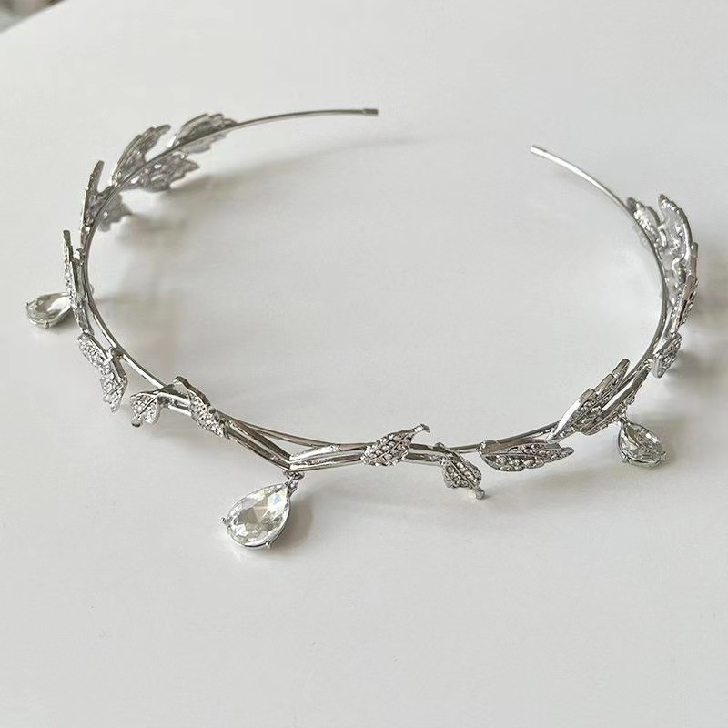 Crown Forest Leaf Waterdrop Full Diamond Bridal Forehead Decoration, Super Fairy Princess Headband &amp; Necklace Dual-Use Hair Accessories