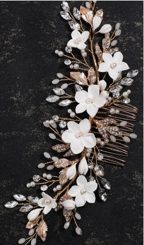 Natural Pearl Hair Comb, Porcelain Flower Headpiece. Bridal Wedding Hair Accessories