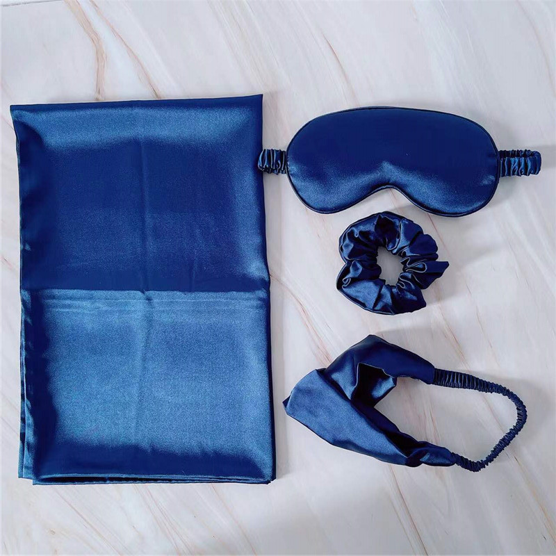 Factory Silk-like Satin Light-blocking Eye Mask &amp; Pillowcase 4pcs-Set with Scrunchies Hair Accessories Gift Box Eye Protection
