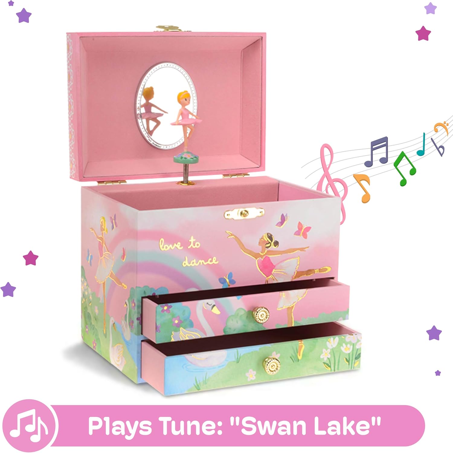 Jakos Manufacturer Ballet Style Girls' Jewelry Box with Spinning Ballerina Swan Lake Music 2 Drawers Pink 7x5x6 Inches
