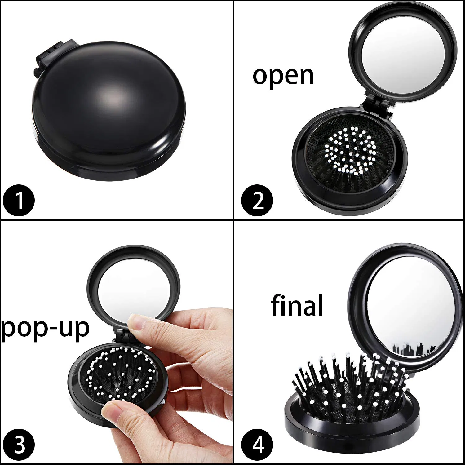Round Folding Comb with Mirror Pocket Hair Brush for Adults and Kids During Travelling or at Home