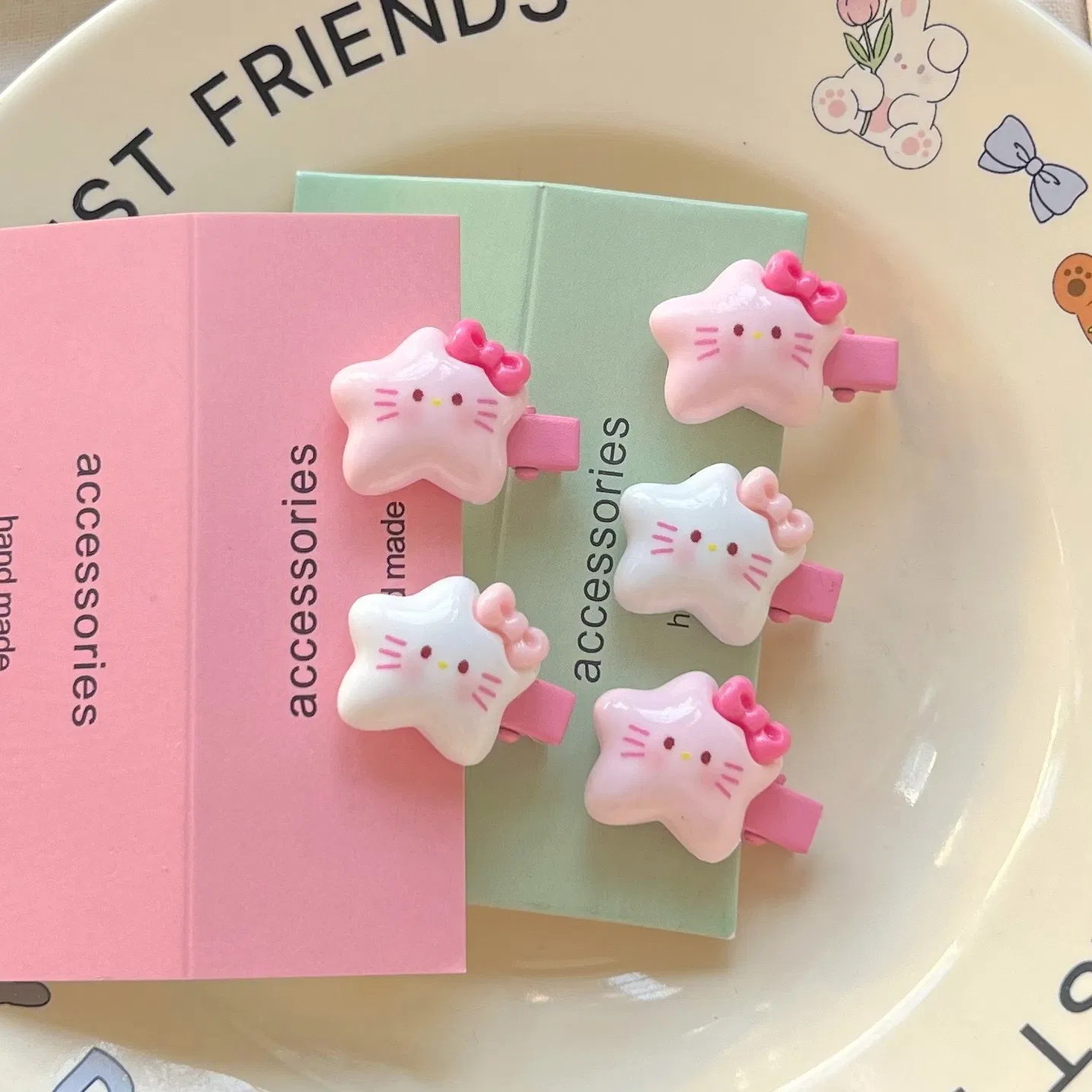 Kt Cat Pentagram Pink and White Cute Star Cat Hair Clip Set Sweet Small Clip Japanese Cartoon Headwear Female Hair Accessories