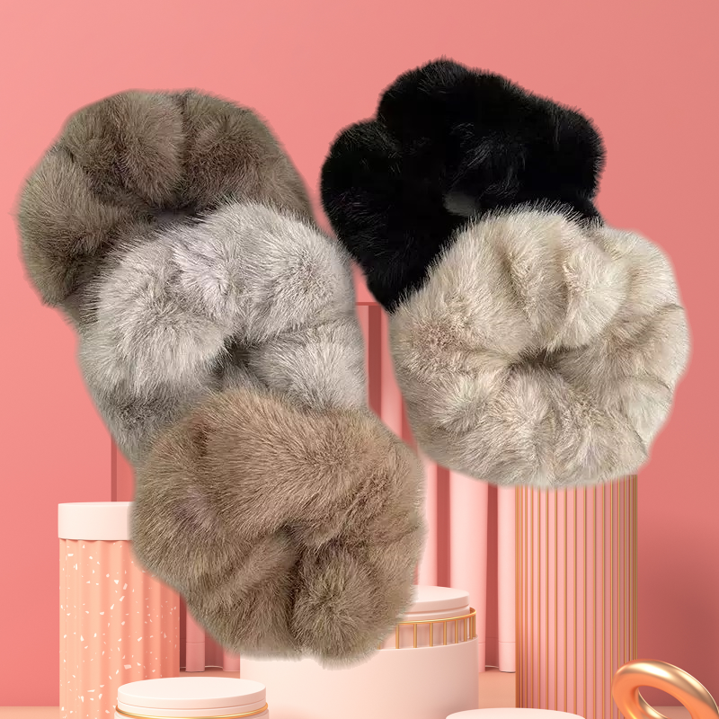 New Product Plush Scrunchie Sweet Gradient Color Women Elastic Furry Hair Tie Girls Black Soft 18CM Big Fuzzy Hair Accessory