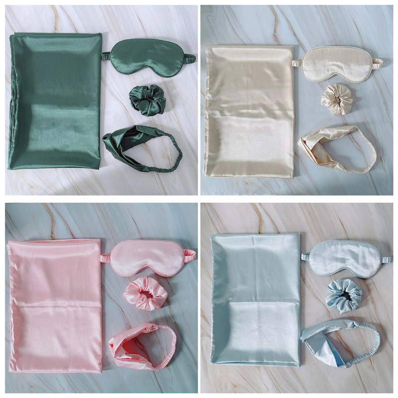 Factory Silk-like Satin Light-blocking Eye Mask &amp; Pillowcase 4pcs-Set with Scrunchies Hair Accessories Gift Box Eye Protection