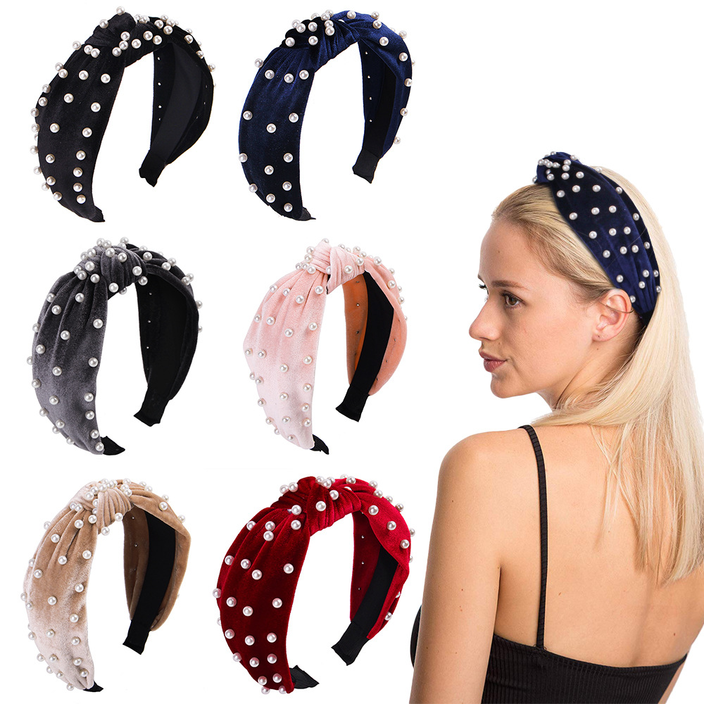 Manufacturer Customized Candy Color Thick Velvet Sponge Women Headband Pearl Hair Velvet Knotted Pearl Headband for Girls