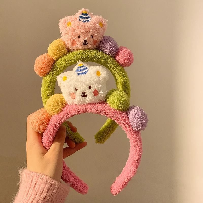 New Autumn Winter Elastic Cartoon Cute Bear Hairbands High Quality Fluffy Colorful Wash Face Hair Accessories Ladies Headband