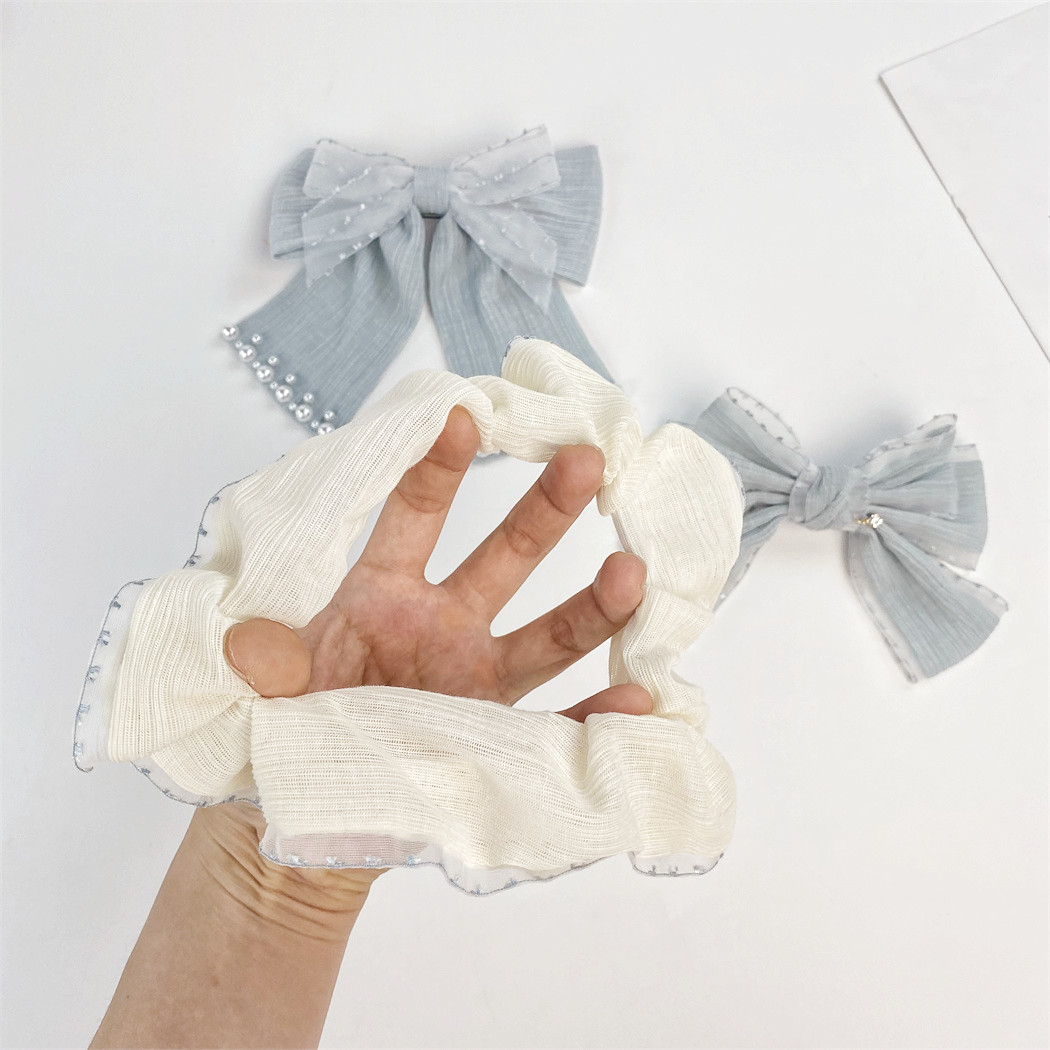 Wholesale Custom Fashion Hair Accessories Girls Sweet Fabric Elastic Hair Band Headbands Scrunchies Pearls Bow Hair Clip Set