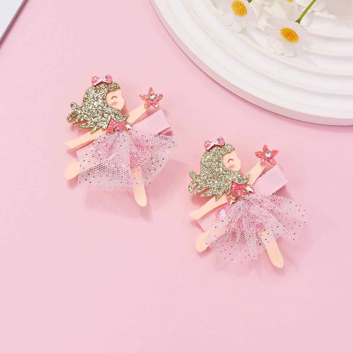 2pcs Korean Cartoon Princess Crown Hair Clips Rhinestone Glitter Ballet Girl Hair Pins Fabric Hair Accessories for Kids Jewelry