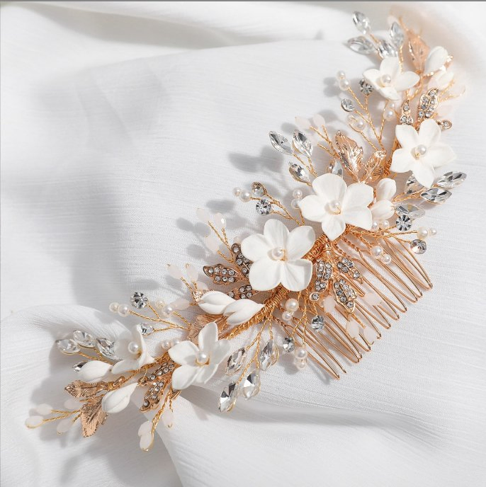 Natural Pearl Hair Comb, Porcelain Flower Headpiece. Bridal Wedding Hair Accessories