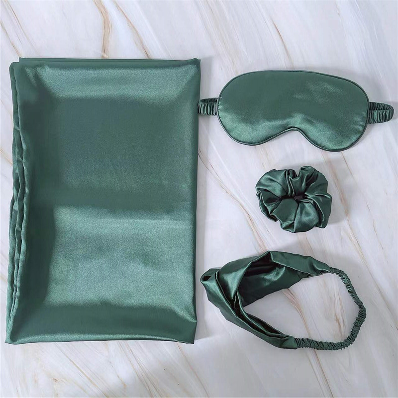 Factory Silk-like Satin Light-blocking Eye Mask &amp; Pillowcase 4pcs-Set with Scrunchies Hair Accessories Gift Box Eye Protection